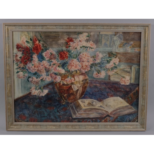 410 - Jan Vercruysse, still life, flowers and book, watercolour, signed, 60cm x 84cm, framed