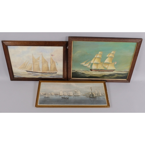 412 - Contemporary oil on board, ship portrait, 45cm x 60cm, watercolour, US sailing ship Angelina, 38cm x... 