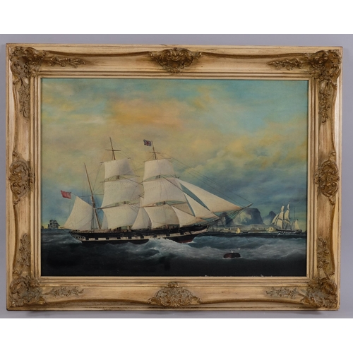 416 - Contemporary oil on canvas, sailing ships in harbour, further information verso, 45cm x 60cm, framed