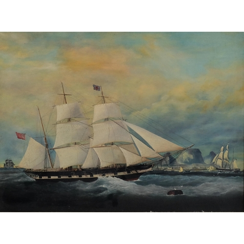 416 - Contemporary oil on canvas, sailing ships in harbour, further information verso, 45cm x 60cm, framed