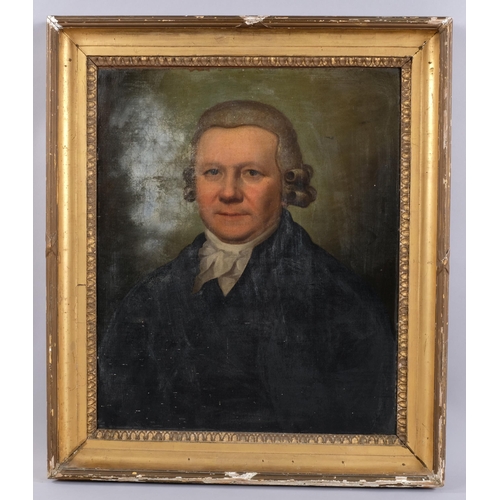 417 - 18th century oil on canvas, portrait of a man wearing powdered wig, unsigned, 60cm x 50cm, framed