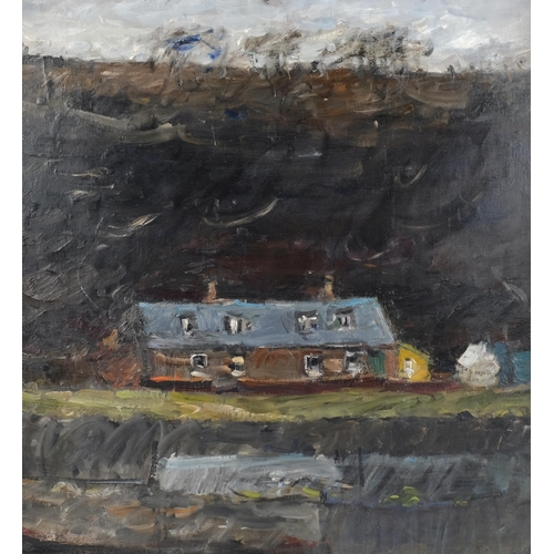 418 - John Brown (Scottish b.1945), abstract buildings, oil on canvas, unsigned, inscribed on frame John S... 