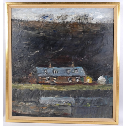 418 - John Brown (Scottish b.1945), abstract buildings, oil on canvas, unsigned, inscribed on frame John S... 