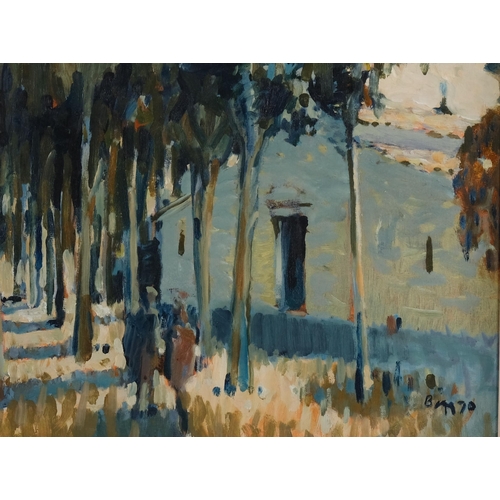 420 - Robert Begg, Romanesque church, Cellole, Tuscany, 1970, signed, 34cm x 44cm, framed