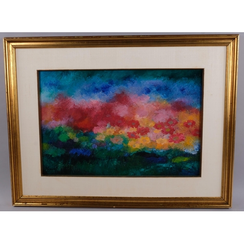 427 - A contemporary oil on canvas, abstract landscape, indistinctly signed, 50cm x 75cm, framed