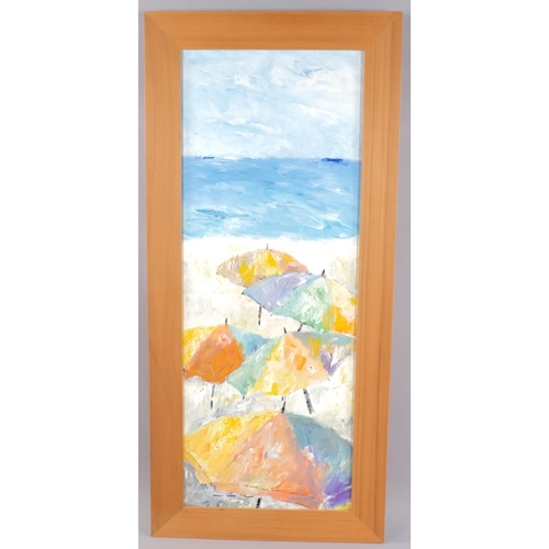 429 - Shirley Cabral, beach scene, oil on canvas, signed, 107cm x 40cm, framed