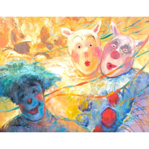 430 - Aldo Luiz, contemporary study of clowns, oil on canvas, 2001, signed, 78cm x 100cm, framed