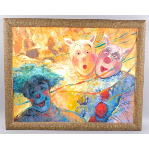 430 - Aldo Luiz, contemporary study of clowns, oil on canvas, 2001, signed, 78cm x 100cm, framed