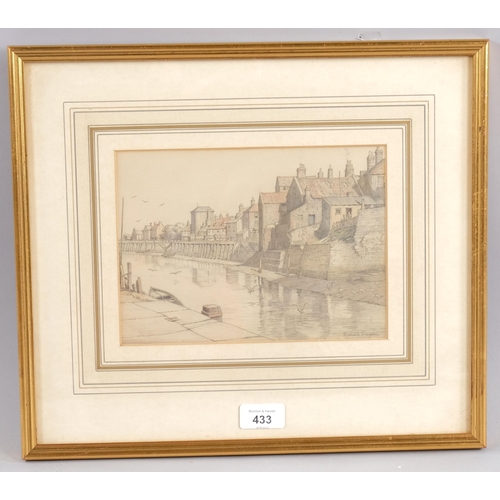 433 - Richard Sayers, river scene, Boston Lincolnshire, pencil/crayon, 16cm x 22cm, framed