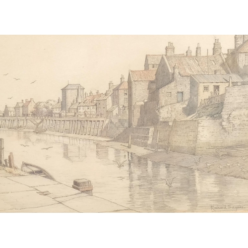 433 - Richard Sayers, river scene, Boston Lincolnshire, pencil/crayon, 16cm x 22cm, framed