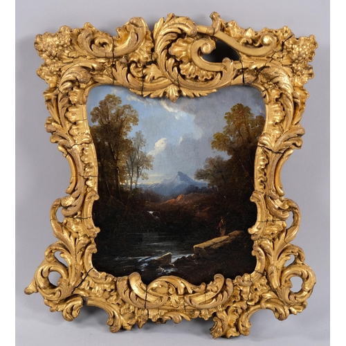 444 - 19th century English School, figure in mountainous landscape, oil on panel, unsigned, ornate gilt-ge... 