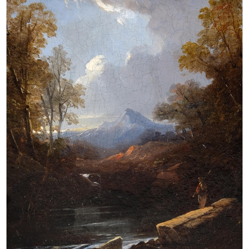 444 - 19th century English School, figure in mountainous landscape, oil on panel, unsigned, ornate gilt-ge... 