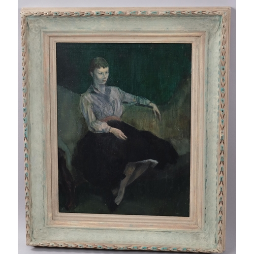 451 - 20th century oil on canvas, seated portrait of a woman, unsigned, 41cm x 31cm, framed