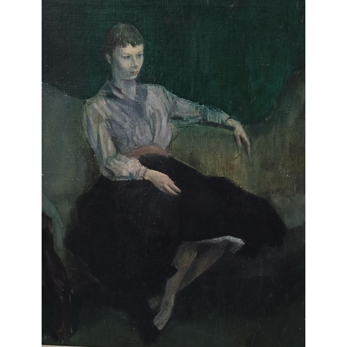 451 - 20th century oil on canvas, seated portrait of a woman, unsigned, 41cm x 31cm, framed