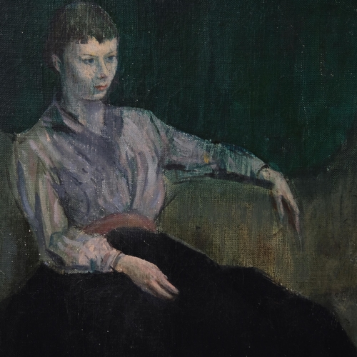 451 - 20th century oil on canvas, seated portrait of a woman, unsigned, 41cm x 31cm, framed