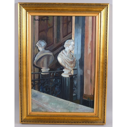 453 - Karen Popham (born 1956), marble bust on a staircase, oil on canvas, 1991, signed, 61cm x 40cm, fram... 