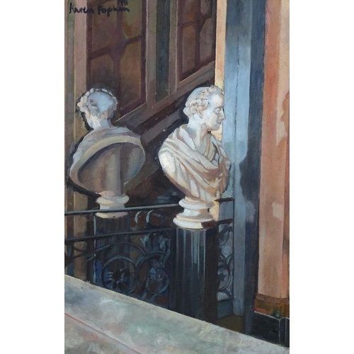 453 - Karen Popham (born 1956), marble bust on a staircase, oil on canvas, 1991, signed, 61cm x 40cm, fram... 