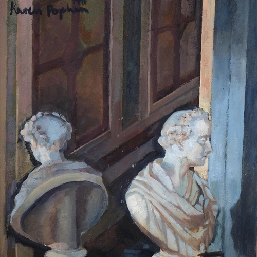 453 - Karen Popham (born 1956), marble bust on a staircase, oil on canvas, 1991, signed, 61cm x 40cm, fram... 