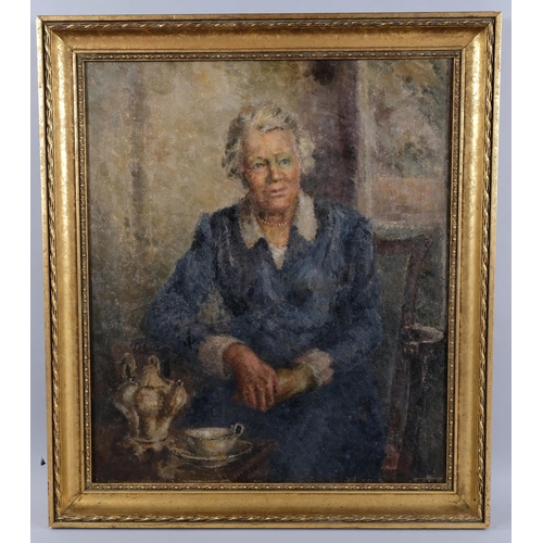 454 - Mid-20th century portrait of a woman, oil on canvas, unsigned, 72cm x 62cm, framed