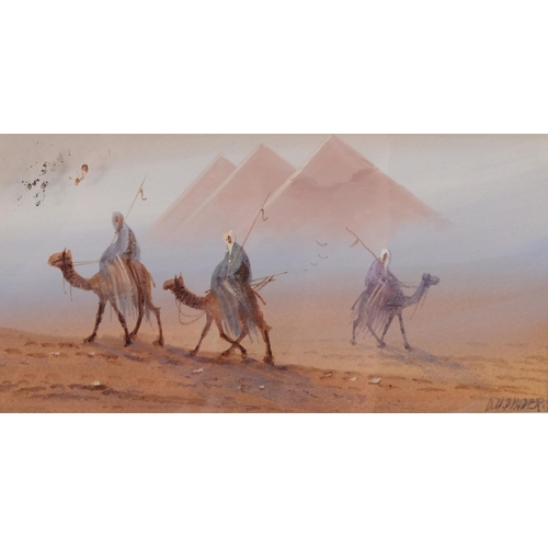 457 - Douglas Pinder, 4 North African desert scenes, watercolour, 9cm x 17cm, framed