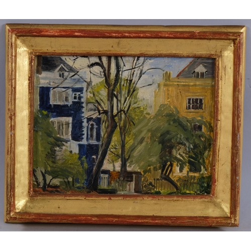 459 - 20th century British School, townhouses and gardens, signed with monogram LP, 1970, oil on board, 18... 