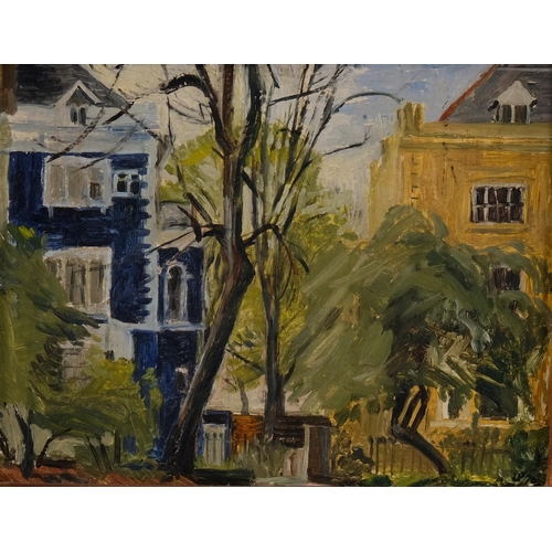 459 - 20th century British School, townhouses and gardens, signed with monogram LP, 1970, oil on board, 18... 