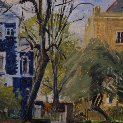 459 - 20th century British School, townhouses and gardens, signed with monogram LP, 1970, oil on board, 18... 