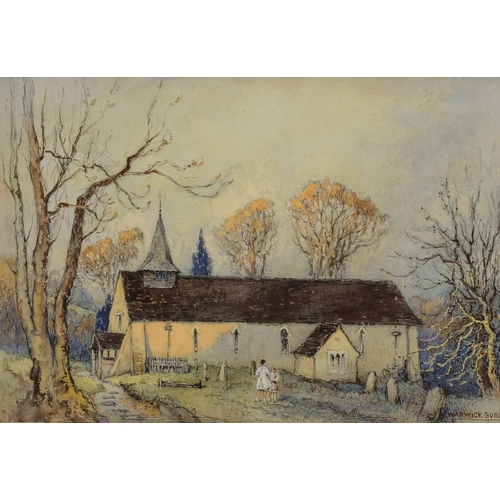 460 - Warwick Goble (1862 - 1943), churchyard scene, watercolour, signed, 22cm x 32cm, framed