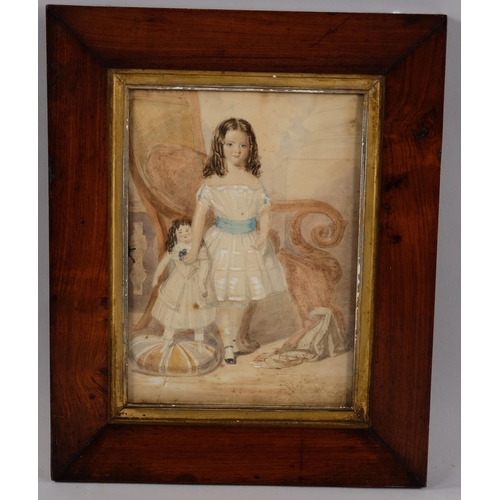 461 - George Oliphant, 19th century portrait of a girl with a doll, watercolour, signed, 28cm x 20cm, fram... 