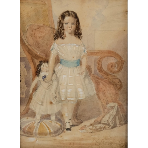 461 - George Oliphant, 19th century portrait of a girl with a doll, watercolour, signed, 28cm x 20cm, fram... 