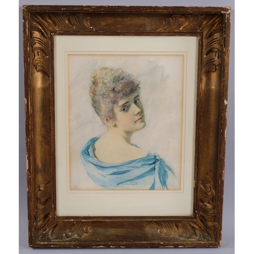 462 - 19th century watercolour, portrait of a young woman, signed with monogram dated 1890, 29cm x 24cm, f... 