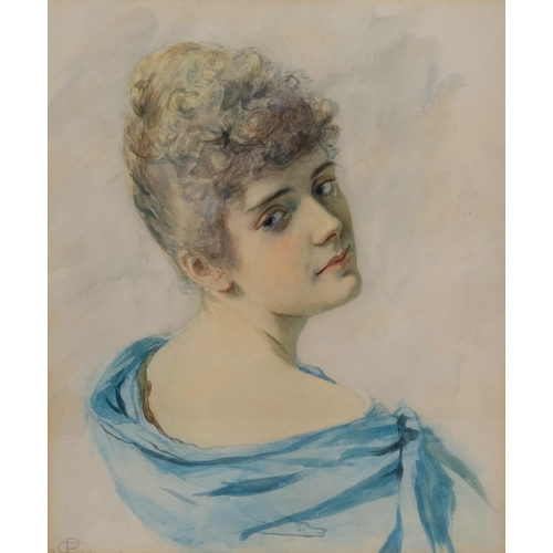 462 - 19th century watercolour, portrait of a young woman, signed with monogram dated 1890, 29cm x 24cm, f... 