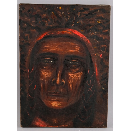 466 - Mid-20th century oil on canvas, Eagle Eye, inscribed verso, 36cm x 26cm, unframed