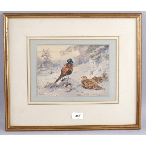 467 - After Archibald Thorburn, pheasant in winter, watercolour, signed with monogram AWA 1927, 18cm x 24c... 