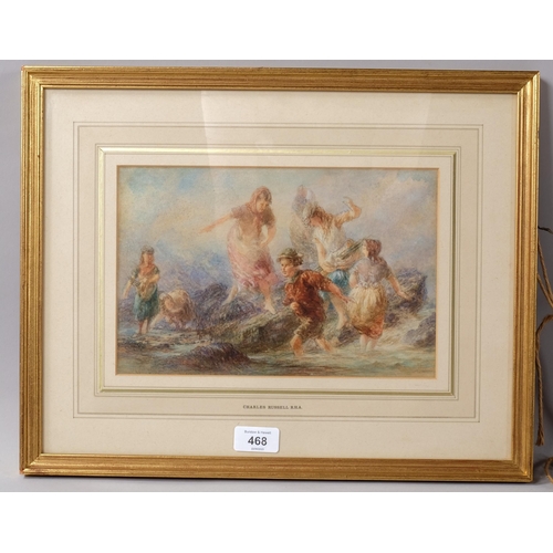 468 - Charles Russell RHA, fisherfolk at the beach, watercolour, 17cm x 27cm, framed