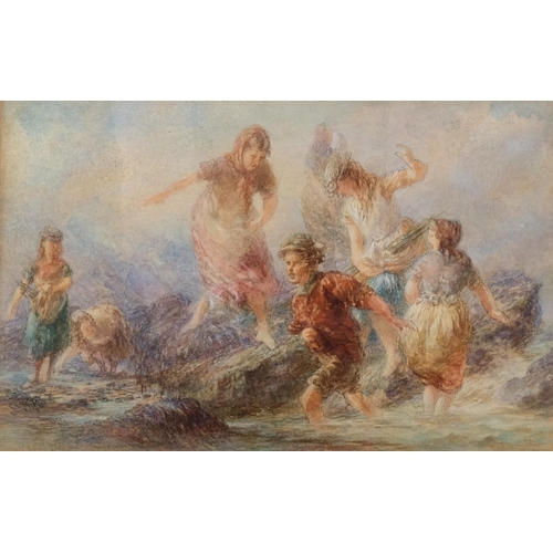 468 - Charles Russell RHA, fisherfolk at the beach, watercolour, 17cm x 27cm, framed