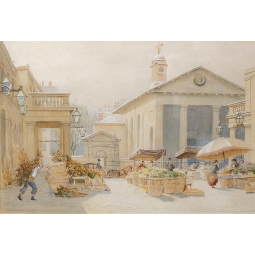 474 - W Lucas, 19th century scene in Covent Garden Flower Market, watercolour, signed, dated 1876, 30cm x ... 