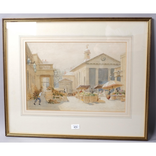 474 - W Lucas, 19th century scene in Covent Garden Flower Market, watercolour, signed, dated 1876, 30cm x ... 