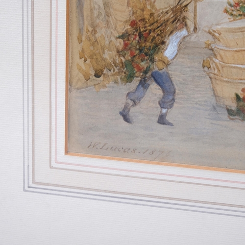 474 - W Lucas, 19th century scene in Covent Garden Flower Market, watercolour, signed, dated 1876, 30cm x ... 