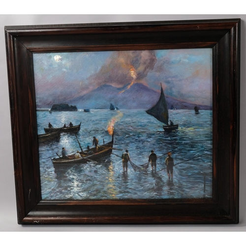 476 - 20th century oil on board, view towards Mount Vesuvius erupting, unsigned, 43cm x 50cm, framed