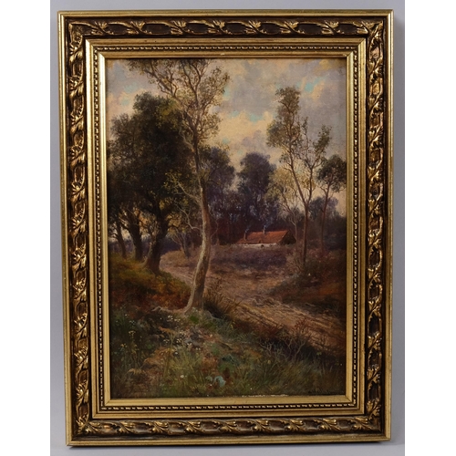 490 - Abraham Hulk Junior (1851-1922), oil on canvas, The Cottage in the Woods, signed lower right, 34.5cm... 