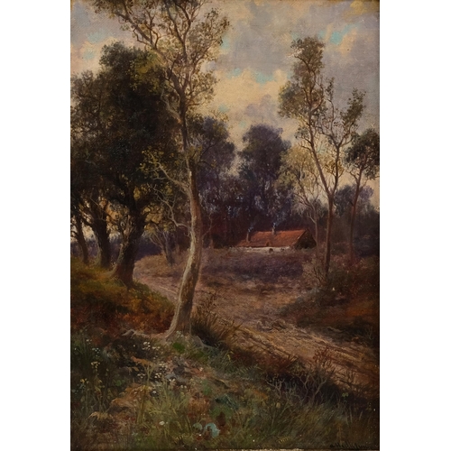 490 - Abraham Hulk Junior (1851-1922), oil on canvas, The Cottage in the Woods, signed lower right, 34.5cm... 