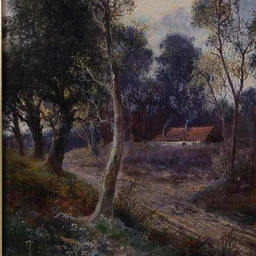 490 - Abraham Hulk Junior (1851-1922), oil on canvas, The Cottage in the Woods, signed lower right, 34.5cm... 