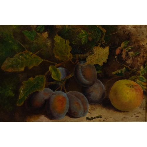 493 - Alfred William Strutt (1856-1924), oil on canvas, Plums and Apple, monogrammed and dated 1889 lower ... 