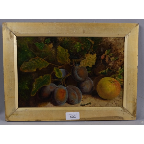 493 - Alfred William Strutt (1856-1924), oil on canvas, Plums and Apple, monogrammed and dated 1889 lower ... 