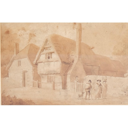 498 - William Samuel Howitt (1765-1822), pencil and wash on paper, Farmhouse, 16cm x 23.5cm, mounted, fram... 