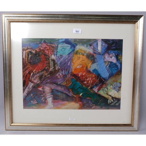 503 - Sali Turan, abstract oil on paper, signed and dated 1996, 35cm x 48cm, framed and glazed.