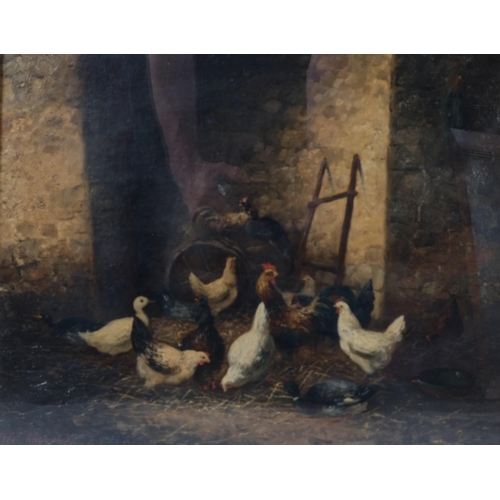 504 - Noel Raymond, poultry in the farmyard, pair of oils on canvas, signed, 35cm x 45cm, framed