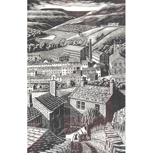 506 - D Brook, Holme Valley, woodcut print, signed in pencil dated 1990, 25cm x 16cm, framed