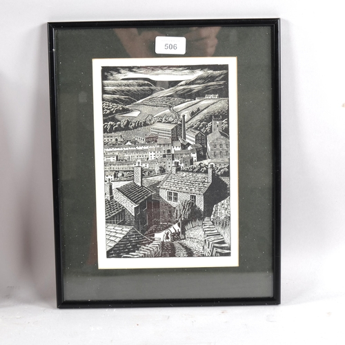 506 - D Brook, Holme Valley, woodcut print, signed in pencil dated 1990, 25cm x 16cm, framed